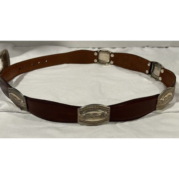 Fossil Brown Leather Belt Size Large Silvertone Concho Medallions West Southwest - Picture 2 of 7
